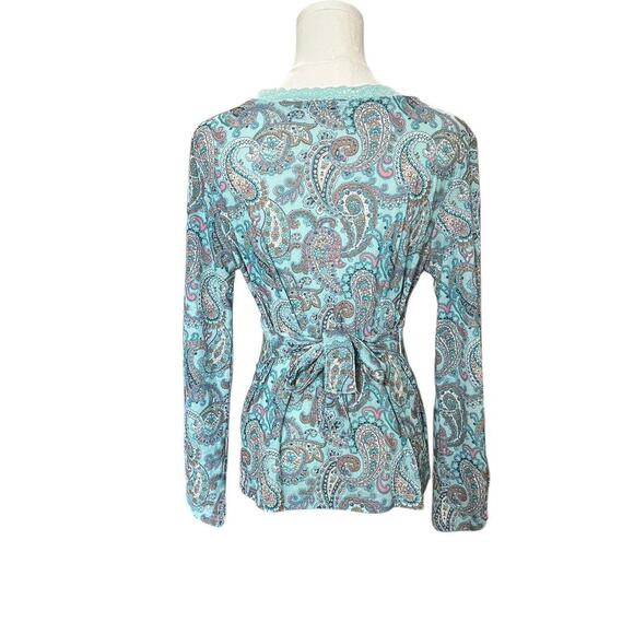 VTG Y2K Red Paint Tee Aqua Blue Paisley Pattern Lace Trim Bell Sleeve Fairy Top - Picture 7 of 8